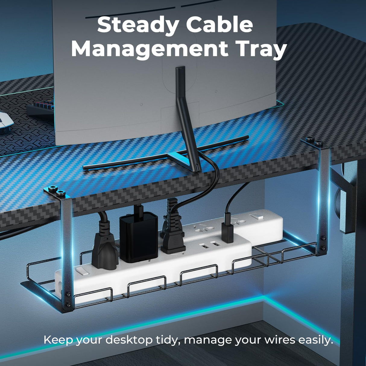 DOMICON Small Gaming Desk with LED Lights & Power Outlets, 55 Inch Computer Desk with Monitor Stand, PC Gaming Table with Carbon Fiber, Black DOMICON