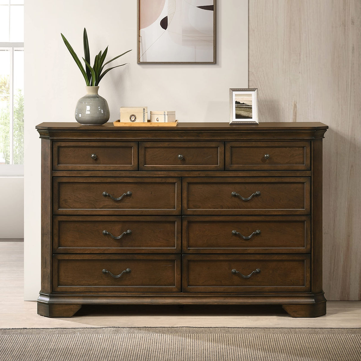 Roundhill Furniture Maderne Traditional Wood 9-Drawer Dresser, Antique Walnut Roundhill Furniture