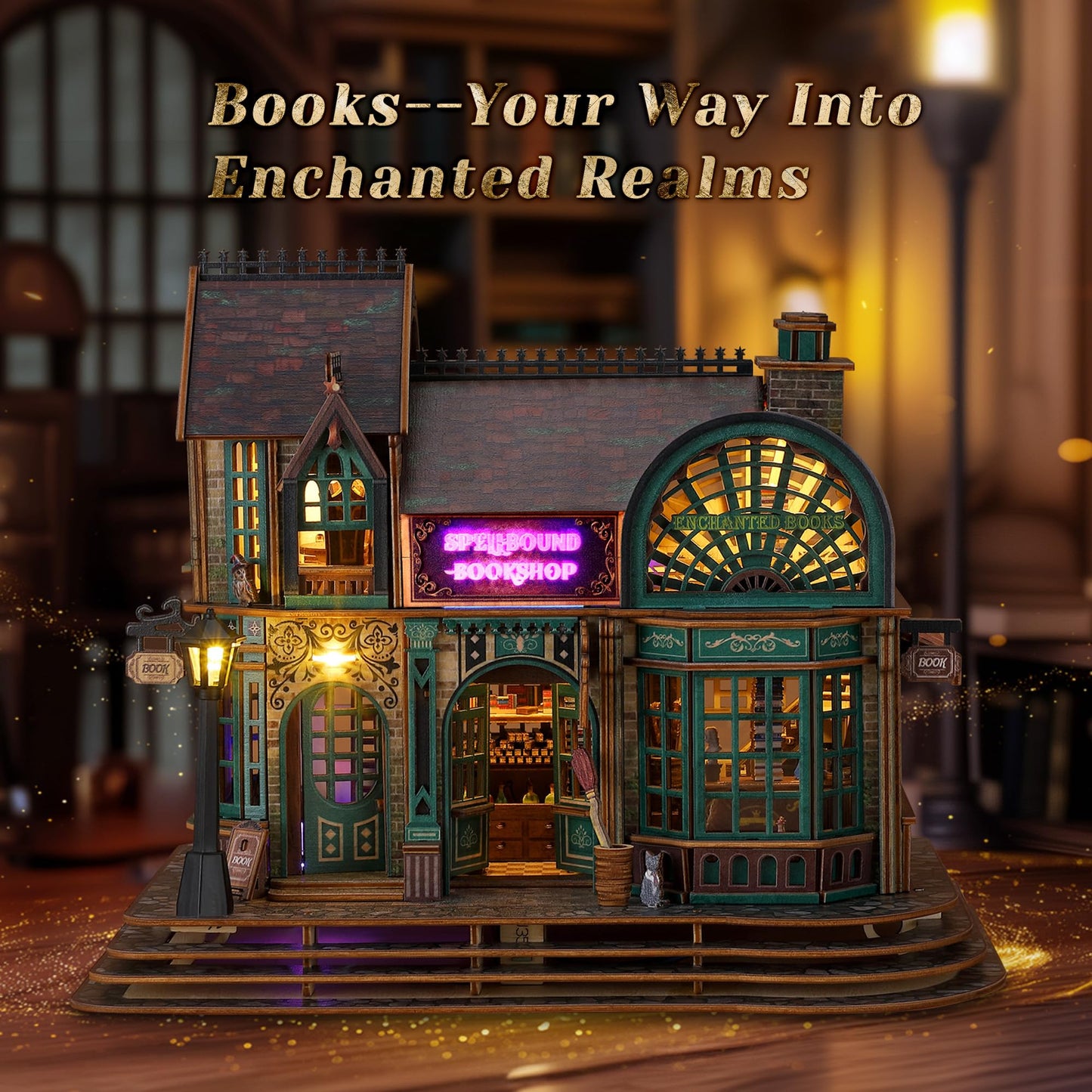 FUNPOLA LED 3D Wood Puzzle - Magic Bookshop Building Model Kit with LEDs - DIY Miniature Magical Bookstore - 3D Puzzle Architecture Craft Gift for Adults