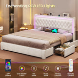 BTHFST King Upholstered LED Bed Frame with 5 Drawers, Velvet Hidden Storage Headboard with Charging Station, Button Tufted Headboard and Heavy Duty Metal Slats Support, No Box Spring Needed, Beige BTHFST