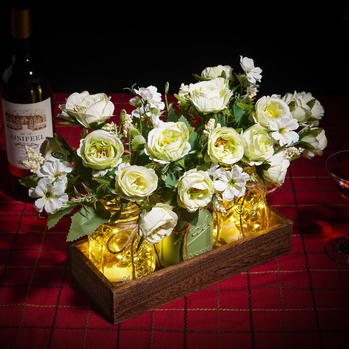 DUOER 3 Pcs Mason Jar Centerpiece Table Decorations for Dining Farmhouse Coffee Table Decor with Wood Tray and Led Light Table Centerpieces for Dining room Kitchen Living Bathroom,Green DUOER