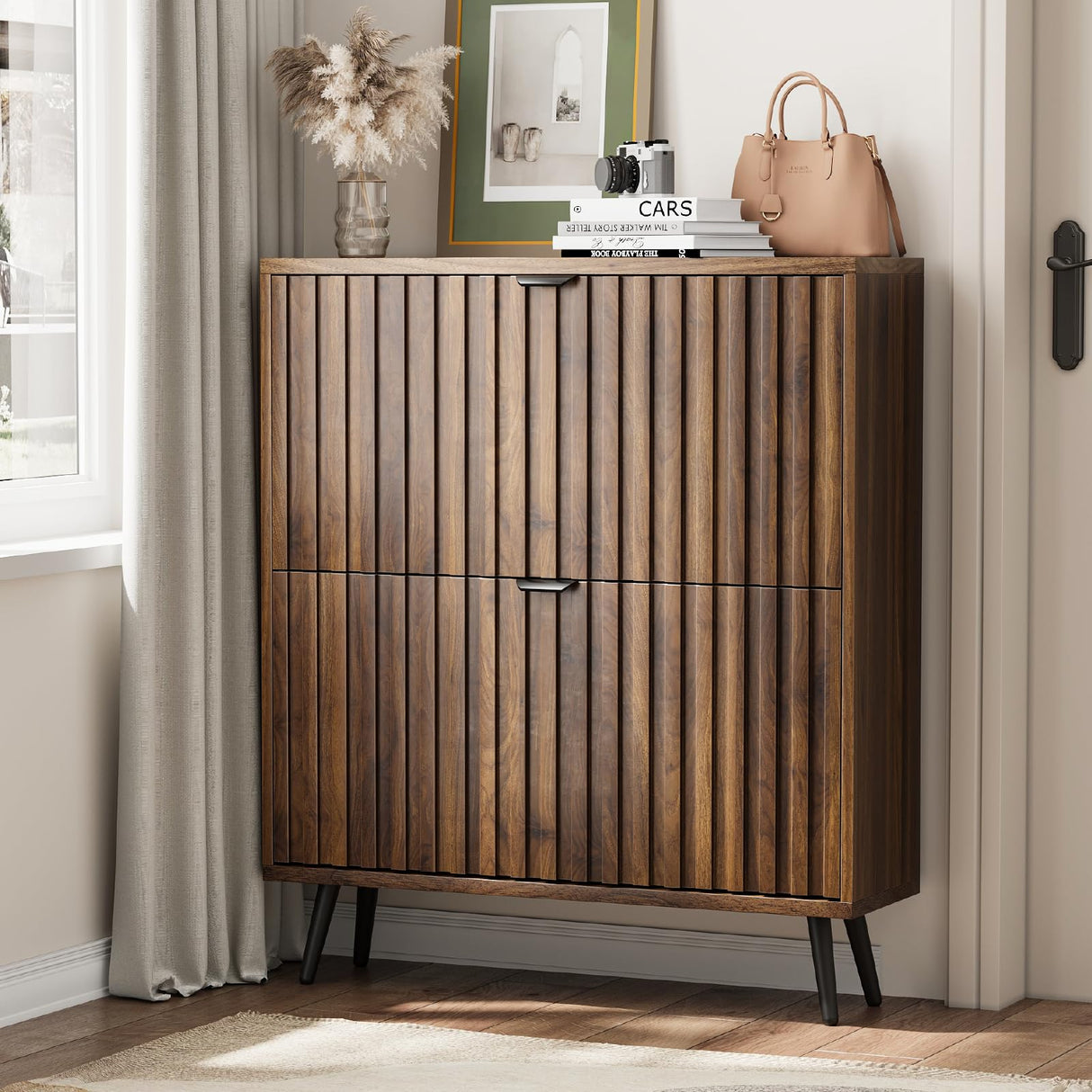 Shoe Storage Cabinet, Fluted Shoe Cabinet Storage for Entryway, Walnut Hidden Shoe Cabinet with Metal Legs,Shoe Organizer Cabinet with Flip Doors, Slim Entryway Shoe Storage Cabinet （31.5in） Smart FENDEE