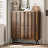 Shoe Storage Cabinet, Fluted Shoe Cabinet Storage for Entryway, Walnut Hidden Shoe Cabinet with Metal Legs,Shoe Organizer Cabinet with Flip Doors, Slim Entryway Shoe Storage Cabinet （31.5in） Smart FENDEE