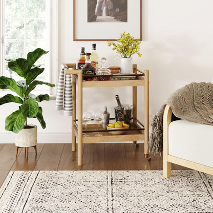 Nathan James Farley Mid Century Modern Bar Cart, Solid Wood Serving Cart with Wheels and Metal Guard Rails, Natural Brown