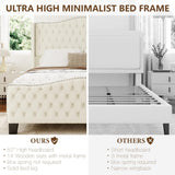 King Bed Frame with 51" Tall Headboard, Velvet Upholstered Platform Bed with Deep Button Tufted, Footboard & Nailhead Trim Wingback, No Box Spring Needed, Noise Free-Beige Konprosp