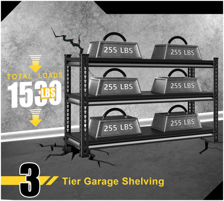 Rufokisa Metal Garage Shelving Heavy Duty，1530LBS Loads Garage Storage Shelves, 48”W 3-Tier Adjustable Storage Racks and Shelving Units for Garage Basement and Kitchen, 48”W x 18”D x 39”H,Black Rufokisa