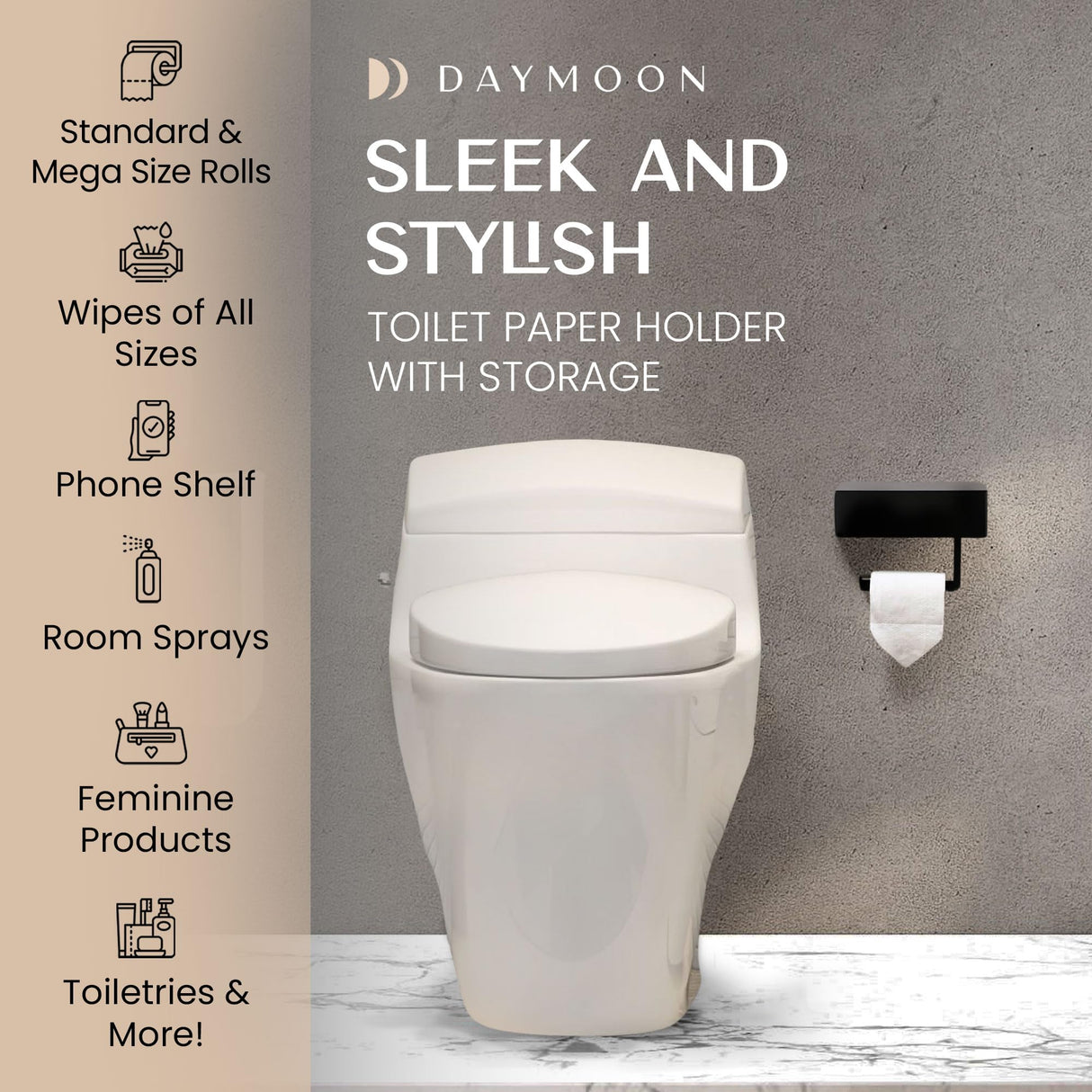Day Moon™ Matte Black Toilet Paper Holder with Shelf, Wipe Holder for Bathroom Flushable Wipes Dispenser Toilet Paper and Wipes Holder Toilet Paper Holder with Storage, Toilet Paper Holder Wall Mount Day Moon Designs