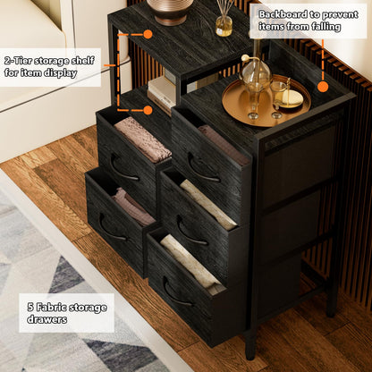 Furnulem 5 Drawer Black Dressers for Bedroom 2 Tier Shelf Storage Small Fabric Dresser for Closet Sturdy Metal Frame Modern Dresser Bedroom Dresser with Drawers for Hallway Rooms - WoodArtSupply