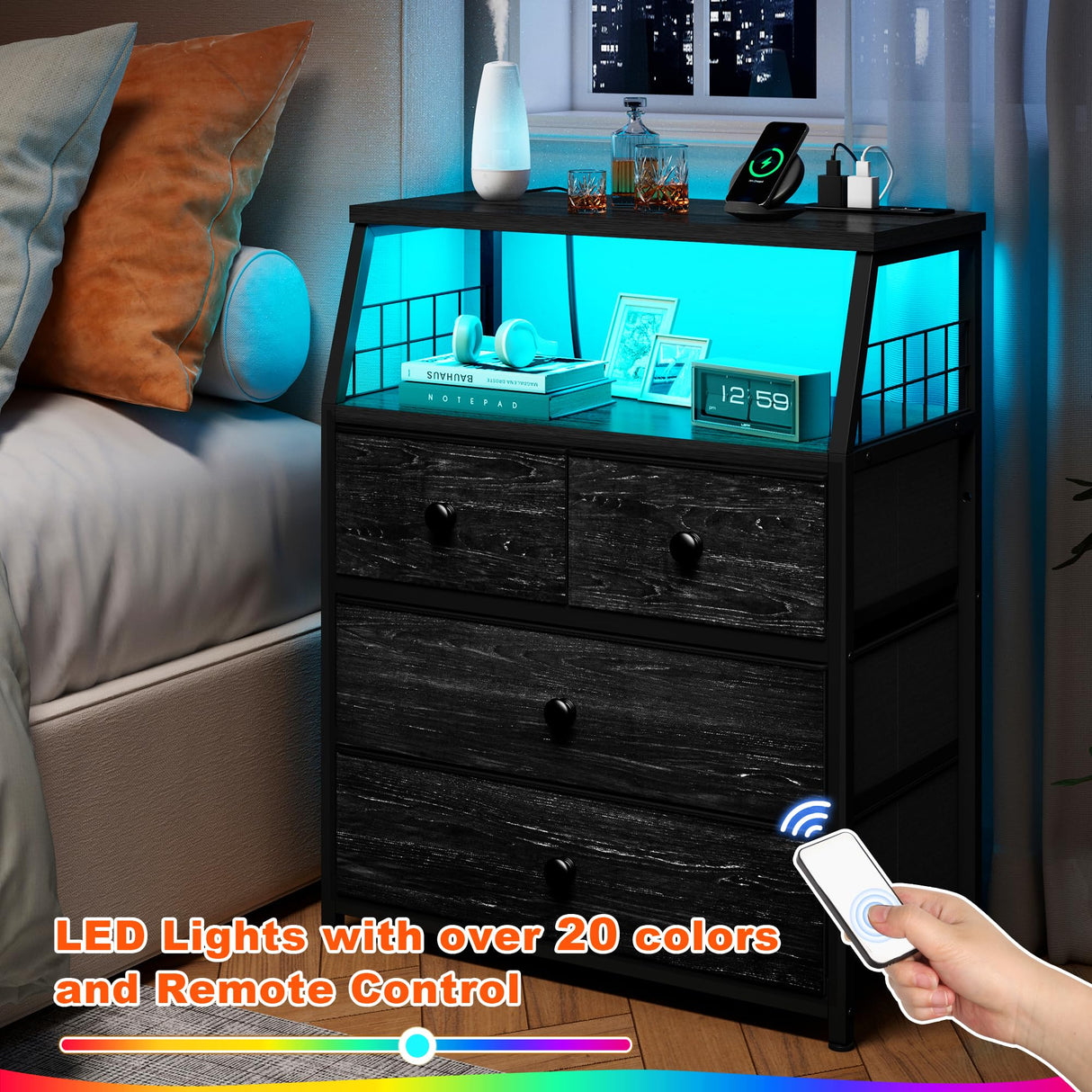 EnHomee Nightstand Set of 2, Night Stand with Charging Station & LED Lights, Bedside Table with 4 Fabric Drawers for Bedroom, Side Table with Outlets and 2 USB Ports, Black EnHomee