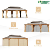 GAZEBEST 14' X 20' Hardtop Gazebo Outdoor Aluminum Patio Gazebo Double Roof Galvanized Steel Gazebo Canopy Wooden Finish Coated with Netting and Curtains,for Garden Patio,Patio Backyard,Deck and Lawns GAZEBEST