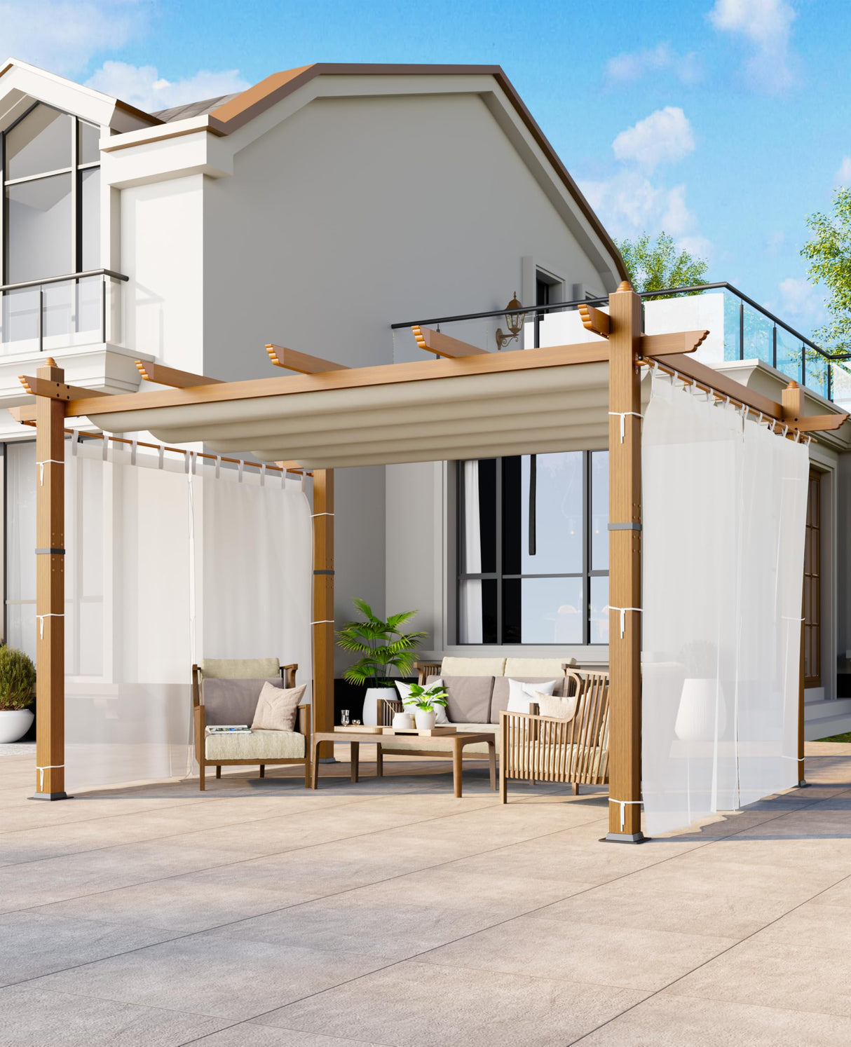 10x13 Ft Outdoor Aluminum Pergola, Upgraded Faux Wood Grain Retractable Pergola with Adjustable Roof & Side Mesh Screen, Modern Metal Patio Gazebo for Deck, Backyard, Porch, Vineyards, Beige + White Acekool