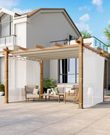 10x13 Ft Outdoor Aluminum Pergola, Upgraded Faux Wood Grain Retractable Pergola with Adjustable Roof & Side Mesh Screen, Modern Metal Patio Gazebo for Deck, Backyard, Porch, Vineyards, Beige + White Acekool