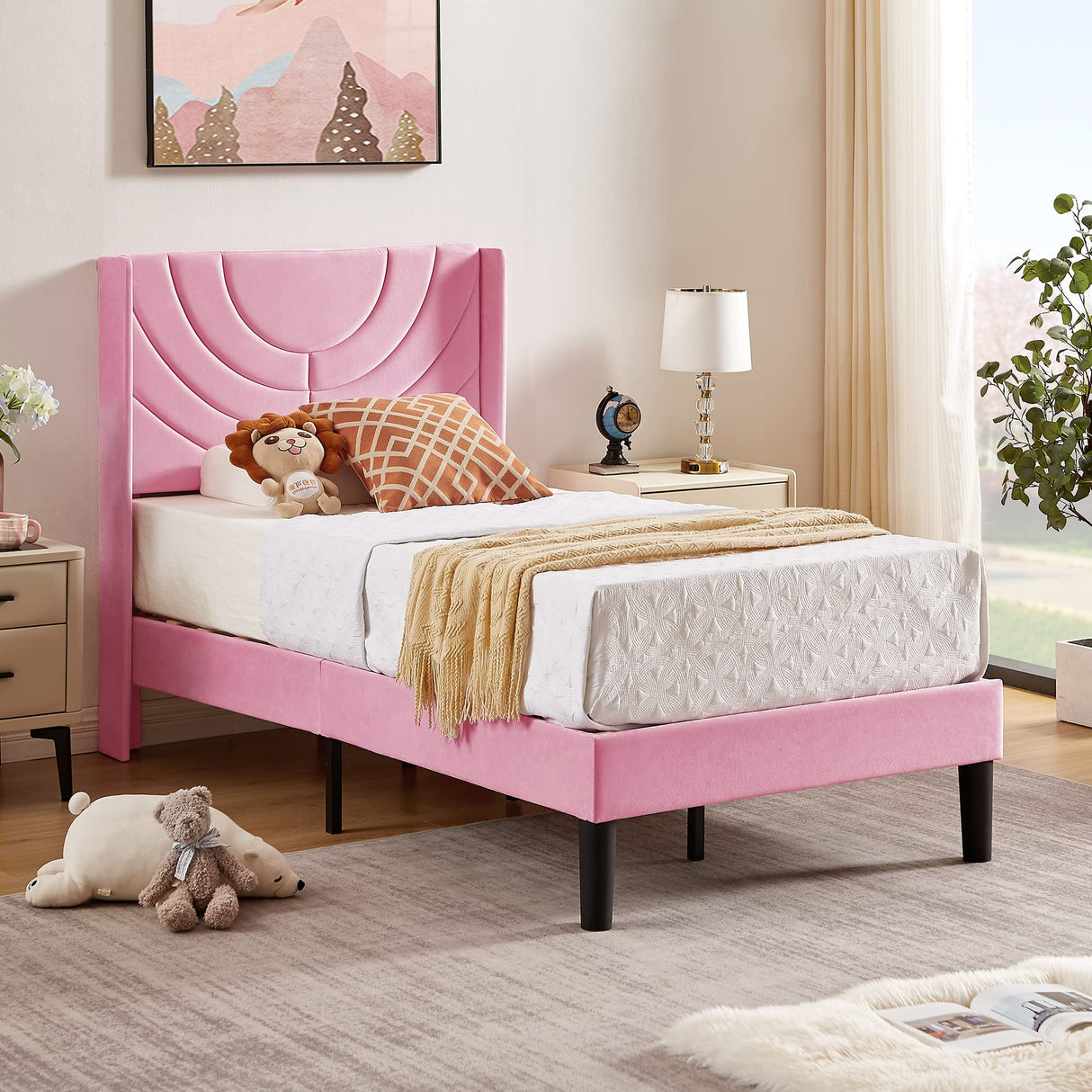 VECELO Twin Upholstered Platform Bed Frame with Fabric Headboard,Wooden Slats Support/No Box Spring Needed/Mattress Foundation for Girls,Boys,Pink VECELO