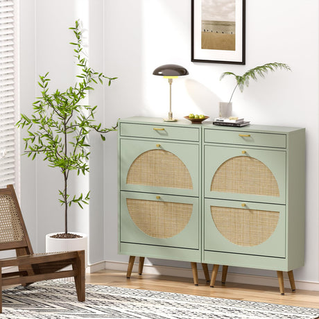 Yechen Shoe Rack Storage Organizer with 2 Natural Semi-Circular Rattan Doors, Entryway Wooden Shoe Cabinet for Sneakers, Leather Shoes, High Heels, Slippers (1 Piece, Morandi Green) Yechen