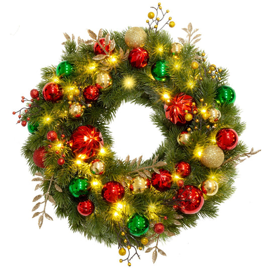 Quntis 16 Inch 40 LED Lighted Christmas Door Wreath Hanging Red Green Gold Ball Ornaments, 8 Modes Timer Function Christmas Wreath Decorations for Holiday Outdoor Indoor Front Door Wall Windows Mantle