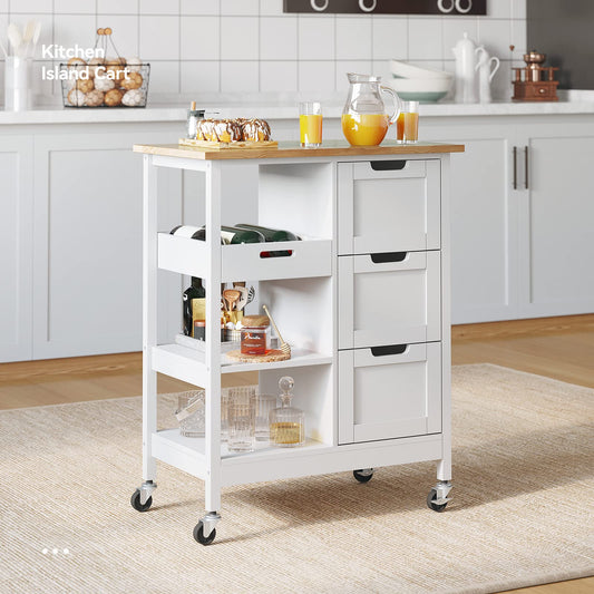 YITAHOME Small Solid Wood Top Kitchen Island Cart on Wheels with Storage, Rolling Portable Dining Room Serving Utility Carts Mobile Movable with 3 Drawers Cabinet, Oak & White - WoodArtSupply