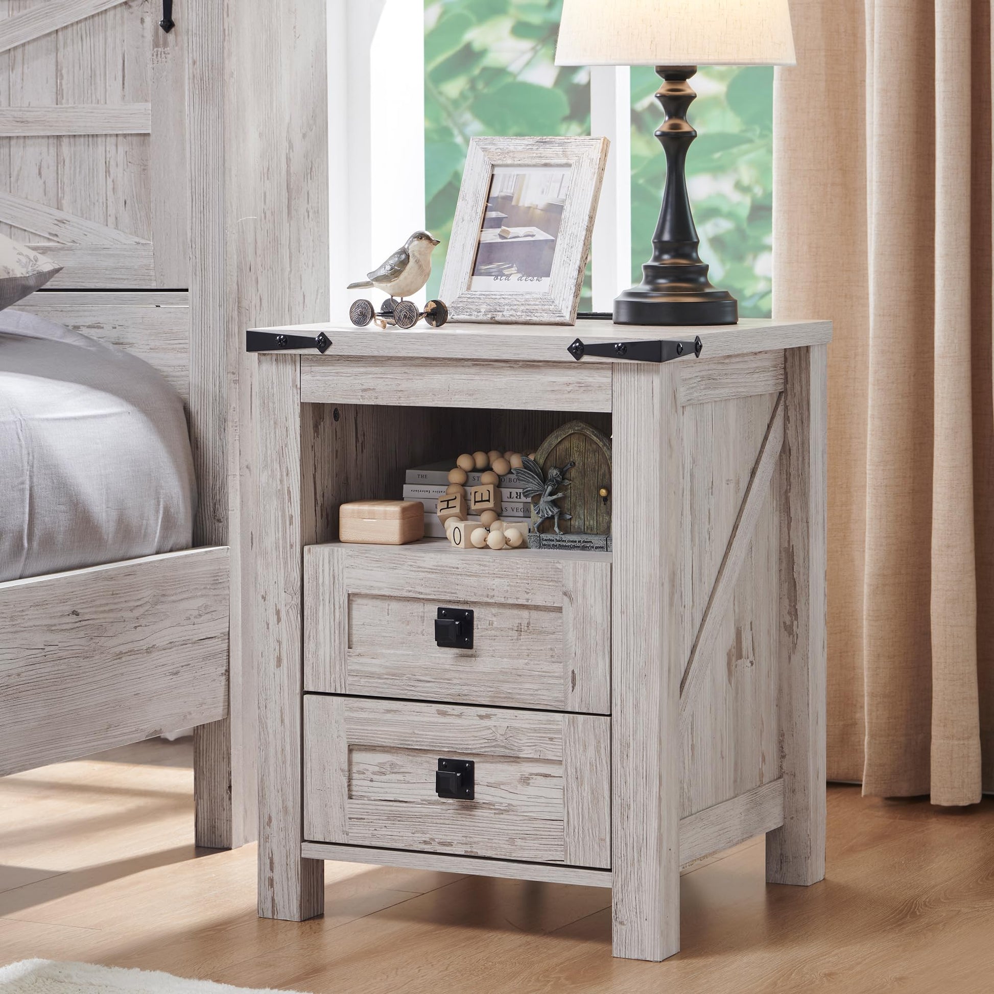 T4TREAM Nightstand wtih Charging Station, End Table, Side Table with 2 Drawers Storage Cabinet for Bedroom, Living Room, Farmhouse Design, Wood Rustic, Antique Brush White - WoodArtSupply