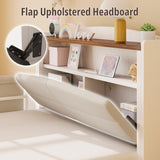 IRONCK Twin Bed Frame with Rails, Farmhouse Platform Bed with 2 Drawers, Upholstered StorageHeadboard & Charging Station for Boys Girls Teens, No Box Spring Needed, White/Walnut IRONCK