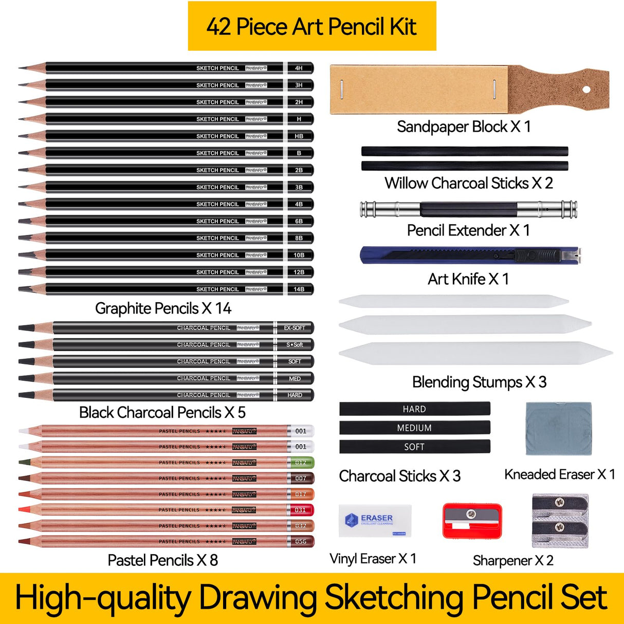 PANDAFLY Drawing Sketching Pencil Set, 42 Pack Pro Art Pencil Kit with Graphite Pencils (14B-4H), Charcoal Pencil, Ideal for Shading, Blending, Drawing Set for Beginners & Pro Artists PANDAFLY