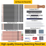 PANDAFLY Drawing Sketching Pencil Set, 42 Pack Pro Art Pencil Kit with Graphite Pencils (14B-4H), Charcoal Pencil, Ideal for Shading, Blending, Drawing Set for Beginners & Pro Artists PANDAFLY