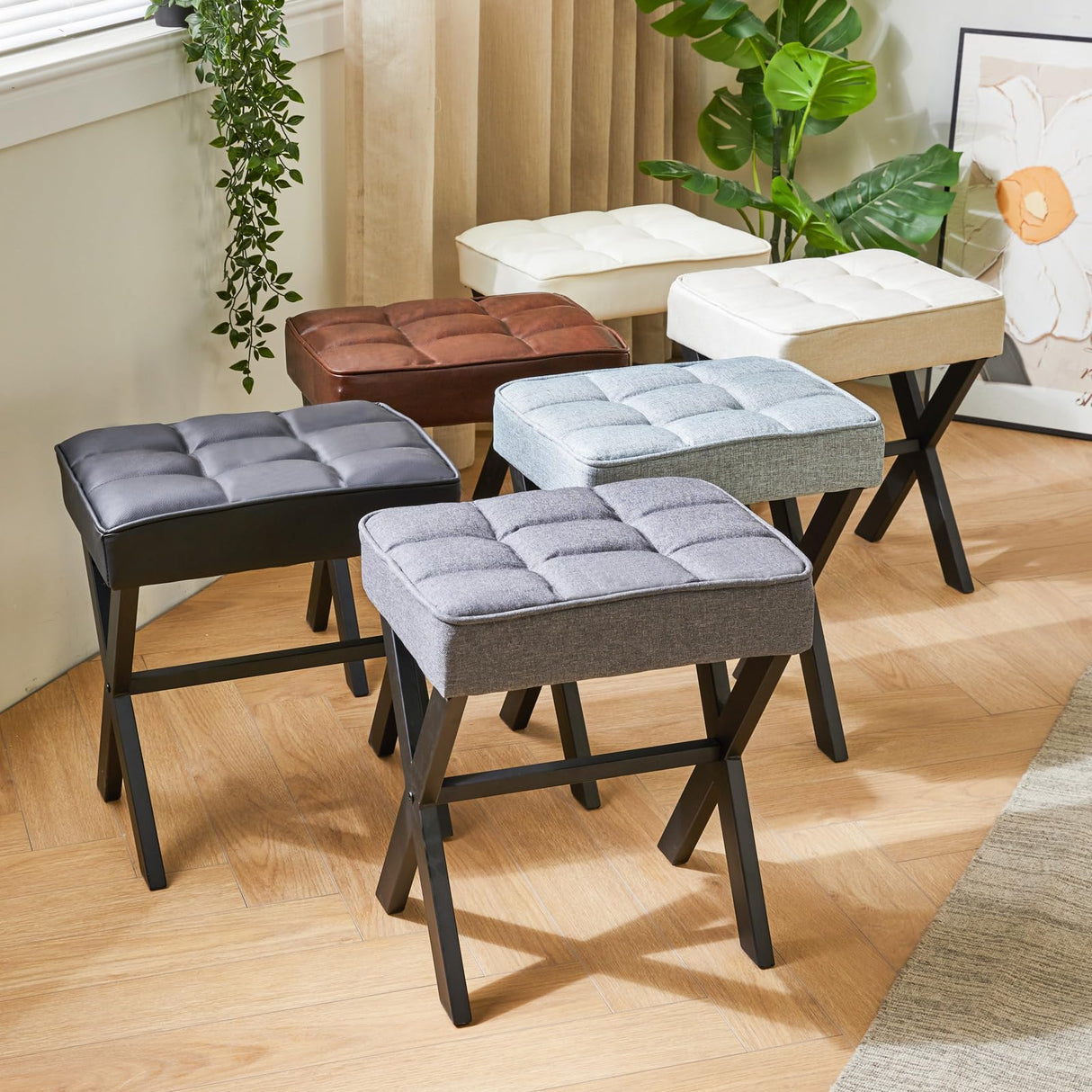 IBUYKE Square Makeup Stool with X-Leg Foot Rest, PU Footrest Stool, Ottoman Seat Vanity Stool, Multi-Use as Small Side Table, for Bedroom, Living Room, Dark Brown LG-71Z IBUYKE