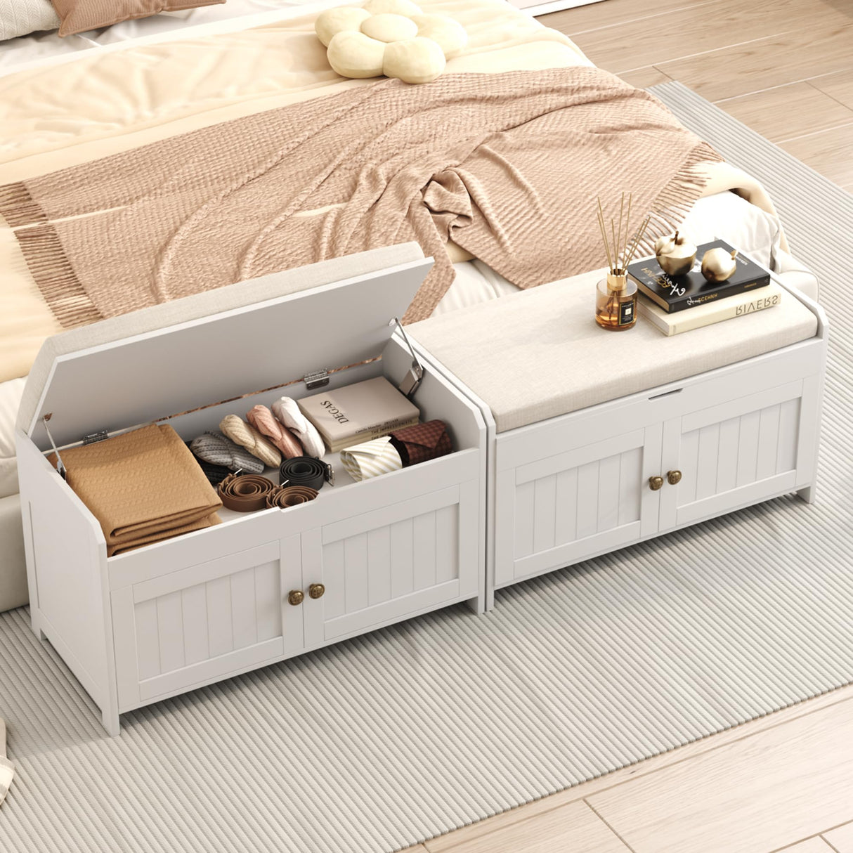 HOMEFORT Entryway Bench with Lift Top Storage,Shoe Storage Bench with Cushioned Seat,Wood Shoe Cabinet Bench,Bench for Bedroom End of Bed,Entry Hidden Shoe Bench for Mudroom,Hallway, White HOMEFORT