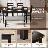 JUMMICO Solid Wood 6 Piece Dining Table Set, Modern 58"/W Kitchen Table Set for 6 with 4 Upholstered Chairs & 1 Bench, Kitchen & Dining Room Sets for Kitchen, Restaurant (Black & Grey) JUMMICO