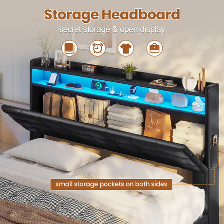 ADORNEVE Lift Up Storage Queen Bed Frame with Type-C Charging Station& Hidden Storage Headboard, LED Lights Upholstered Platform Bed,Queen Bed with Hydraulic, No Box Spring Needed,Black ADORNEVE