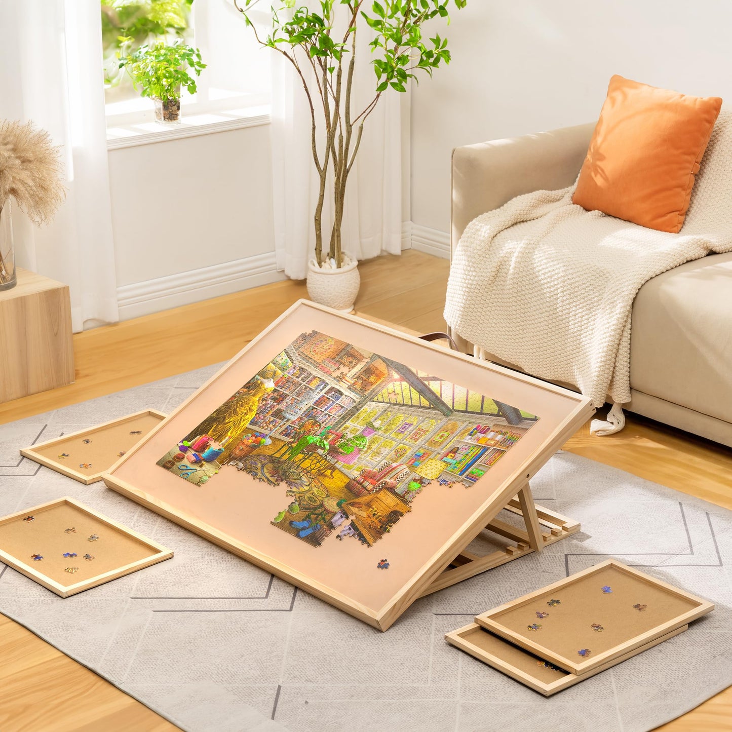 Lavievert Adjustable Jigsaw Puzzle Board with 4 Sorting Trays & Cover, 6-Tilting-Angle Puzzle Easel with PU Handle for Adults, Portable Wooden Puzzle Table with Non-Slip Surface for Up to 150 - WoodArtSupply