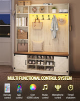 Hzuaneri 59.8" Hall Tree, LED Farmhouse Entryway Storage and Coat Rack Wood, Entryway Furniture with 7 Hooks, Hall Tree with Bench and Storage, 6 Storages Partitions Shoe Bench, Rustic White HT24814B Hzuaneri