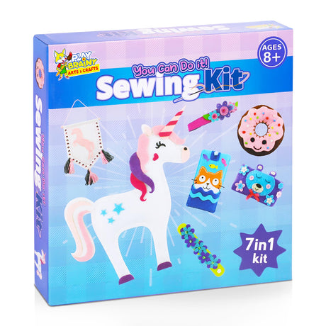 Play Brainy 7 in 1 Sewing Kits for Kids 8-12 - 14 Piece Sewing Kit for Beginners, Creative Arts & Crafts Kids Activity - DIY Make Your Own Pencil Case, Unicorn, & More - Play & Learn Sewing Kit Kids Play Brainy