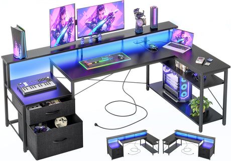 TIQLAB Computer Desk L Shaped with Drawers, 65” Gaming Desk with Power Outlets and LED Strips, Large L Shaped Corner Desk with Monitor Stand, Home Office Desk for Corner Space, Carbon Black TIQLAB