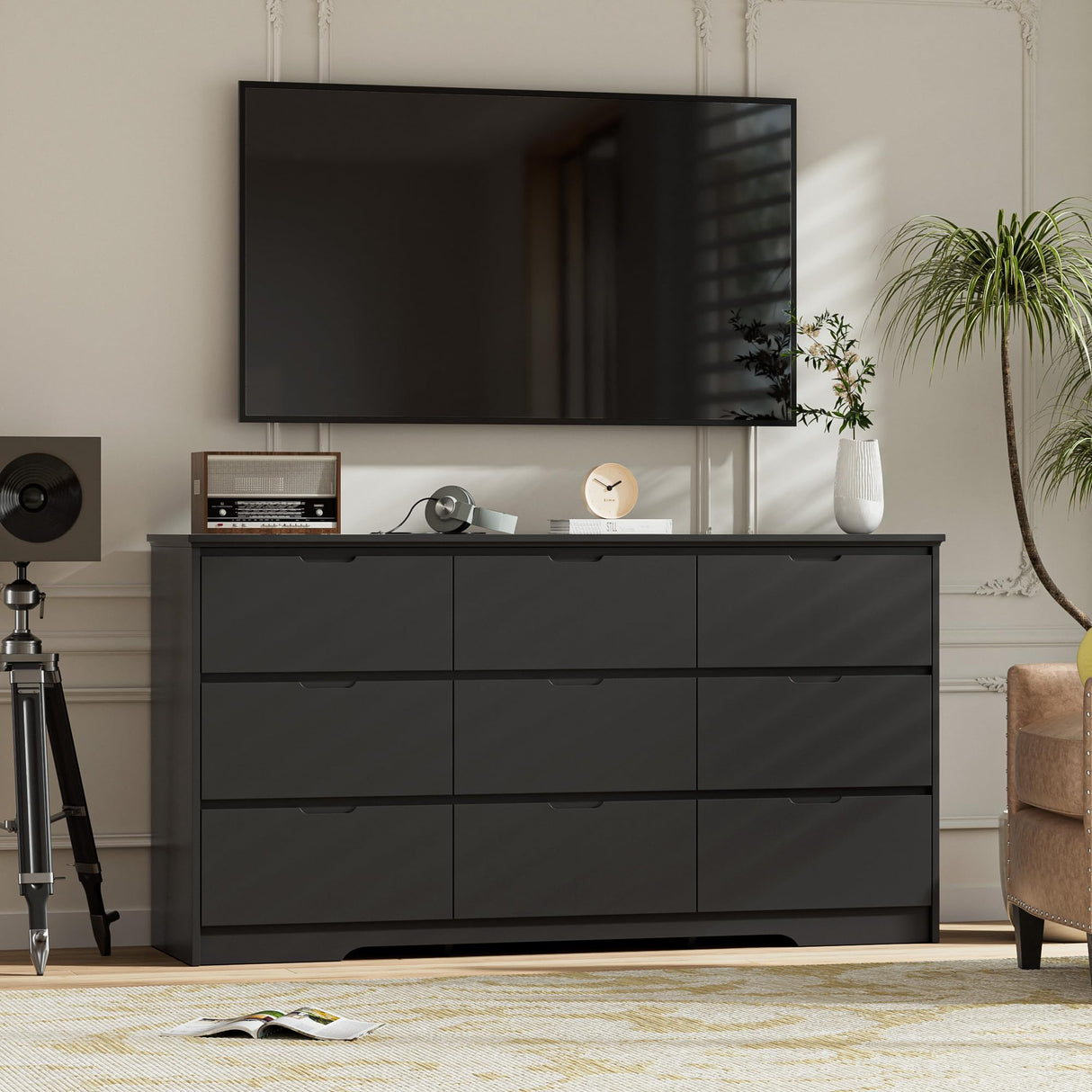 Tradre 59'' Black Dresser for Bedroom, 9 Drawer Wood Dresser with Handle Free, Large Modern Chest of Drawers for Home Office, Living Room, Entryway Tradare