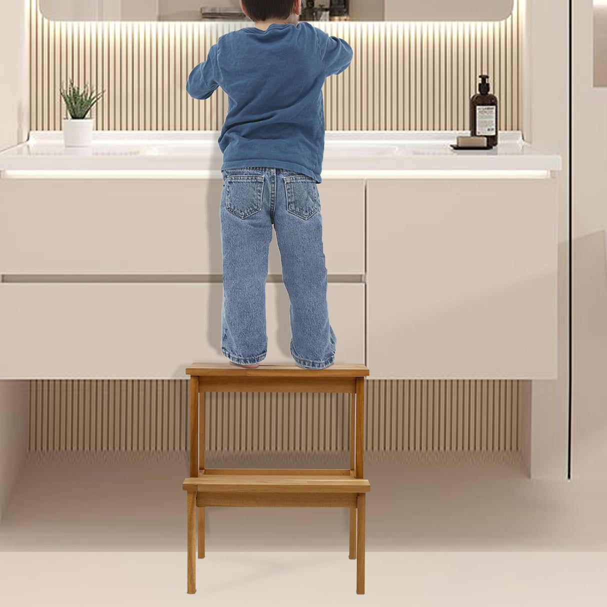 VICTORY RELAX Acaia Wood 2 Step Stool, Waterproof Wooden Step Stool for Adults, 20 Inch Tall Wood Short Footstool Suitable for Bathroom, Kitchen, Bathroom, Bedroom VICTORY RELAX