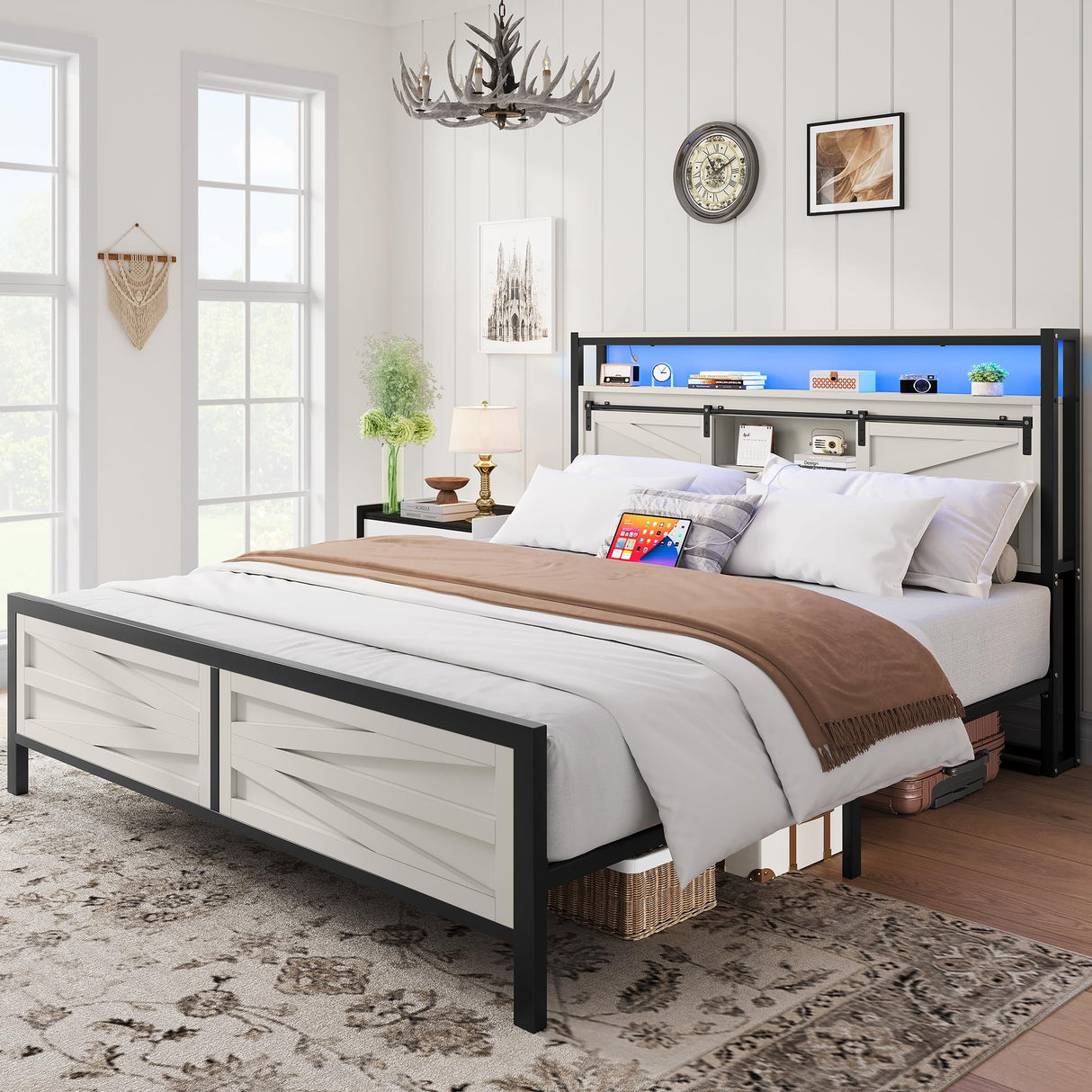 YITAHOME White Farmhouse Queen Bed Frame with Storage Headboard, LED Lights, and Charging Station YITAHOME