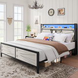 YITAHOME White Farmhouse Queen Bed Frame with Storage Headboard, LED Lights, and Charging Station YITAHOME