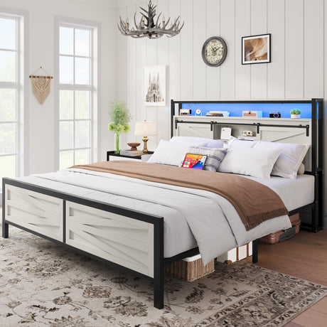 DWVO Farmhouse Queen Bed Frame with LED Lights and Charging Station, Platform Bed Frame with Storage Bookcase Headboard, Sliding Barn Door, Solid Metal Slats, No Box Spring Needed (White) DWVO