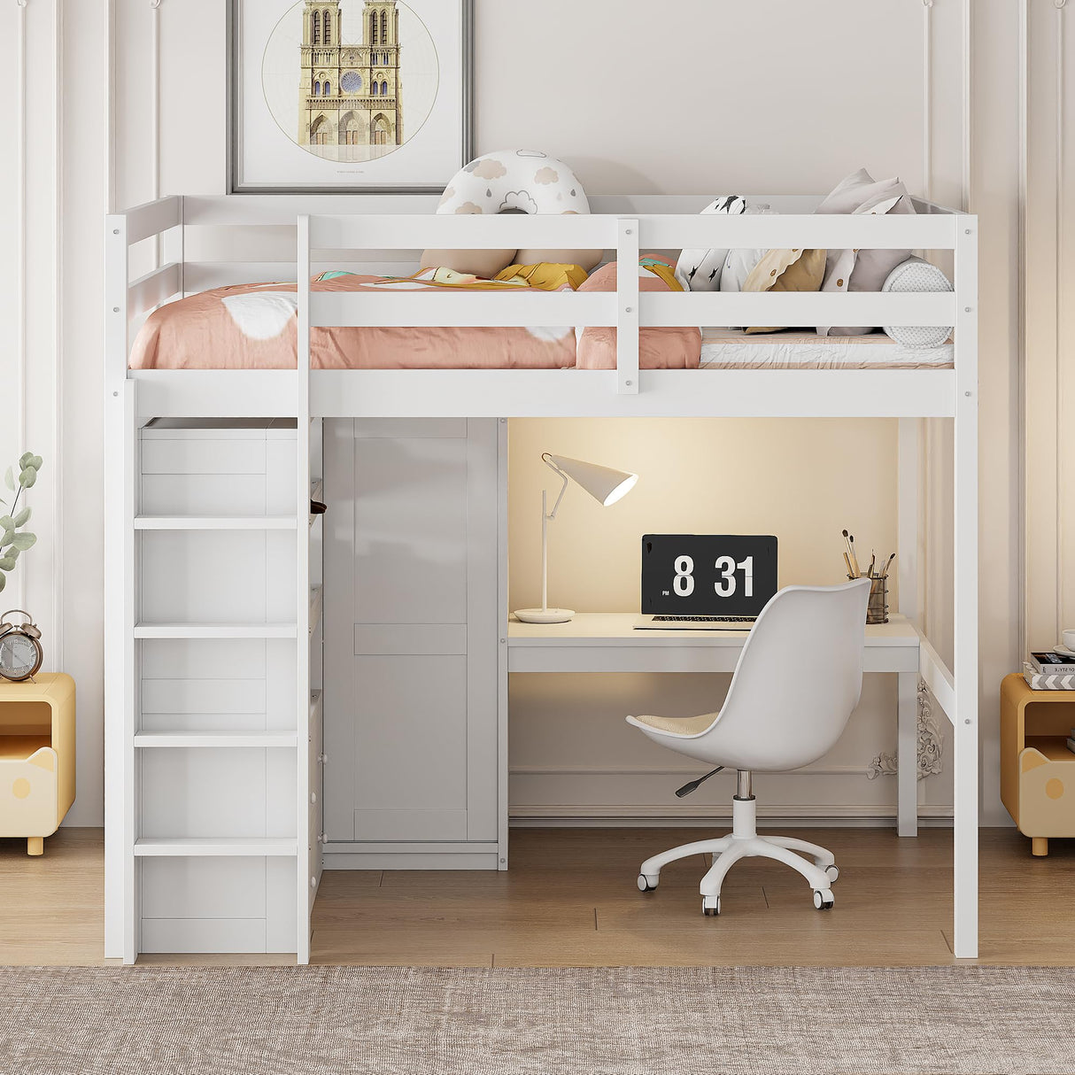 Harper & Bright Designs Full Size Loft Bed with Desk, Storage Shelves and Drawers, Solid Wood Loft Bed Frame with Built-in Wardrobe, White Harper & Bright Designs
