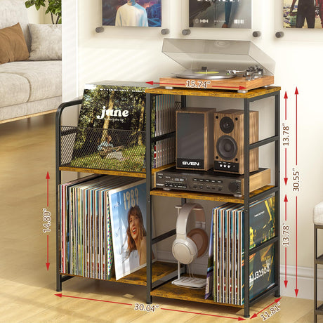 ThreeHio Record Player Stand, Turntable Stand with Vinyl Storage Holds up to 300+ Albums, Storage Cabinet for Vinyl Records, Record Player Table for Living Room ThreeHio