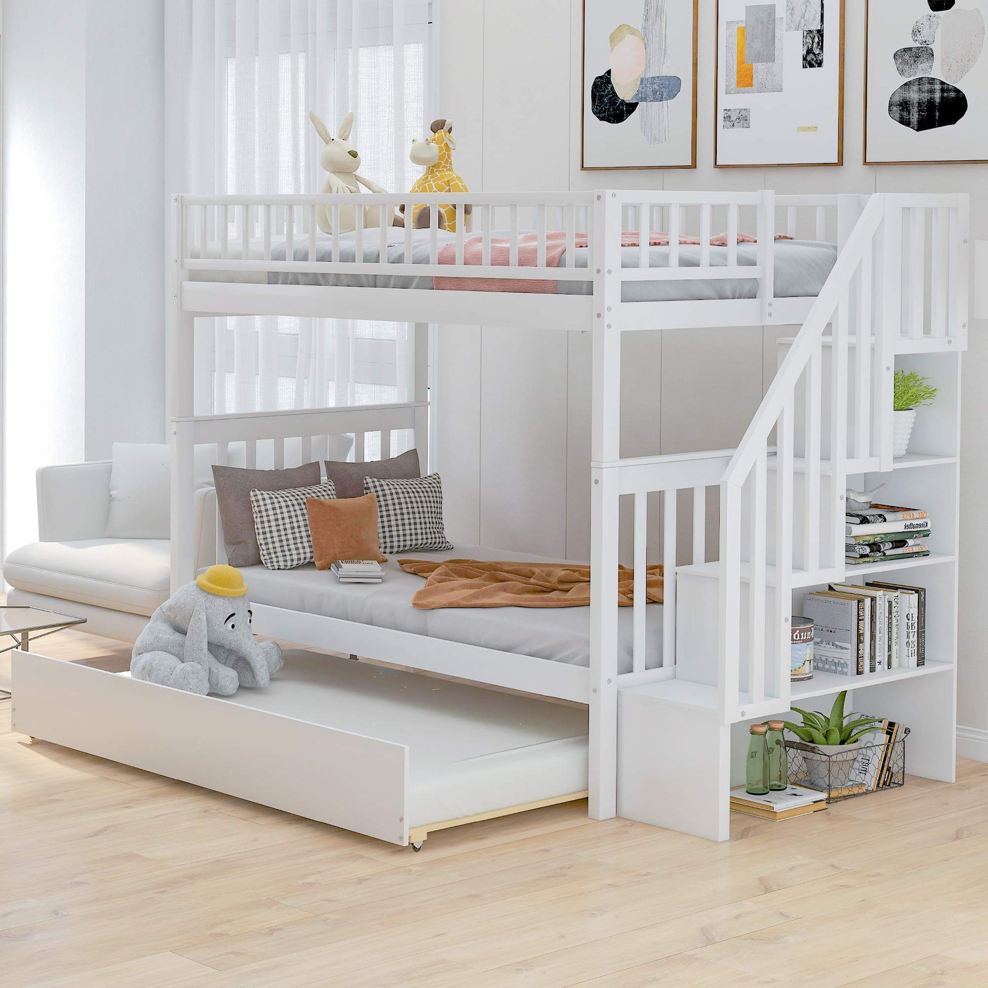 Elegant Twin Over Twin Bunk Bed with Stairs & Trundle - Harper & Bright Designs, White Solid Wood Frame - WoodArtSupply