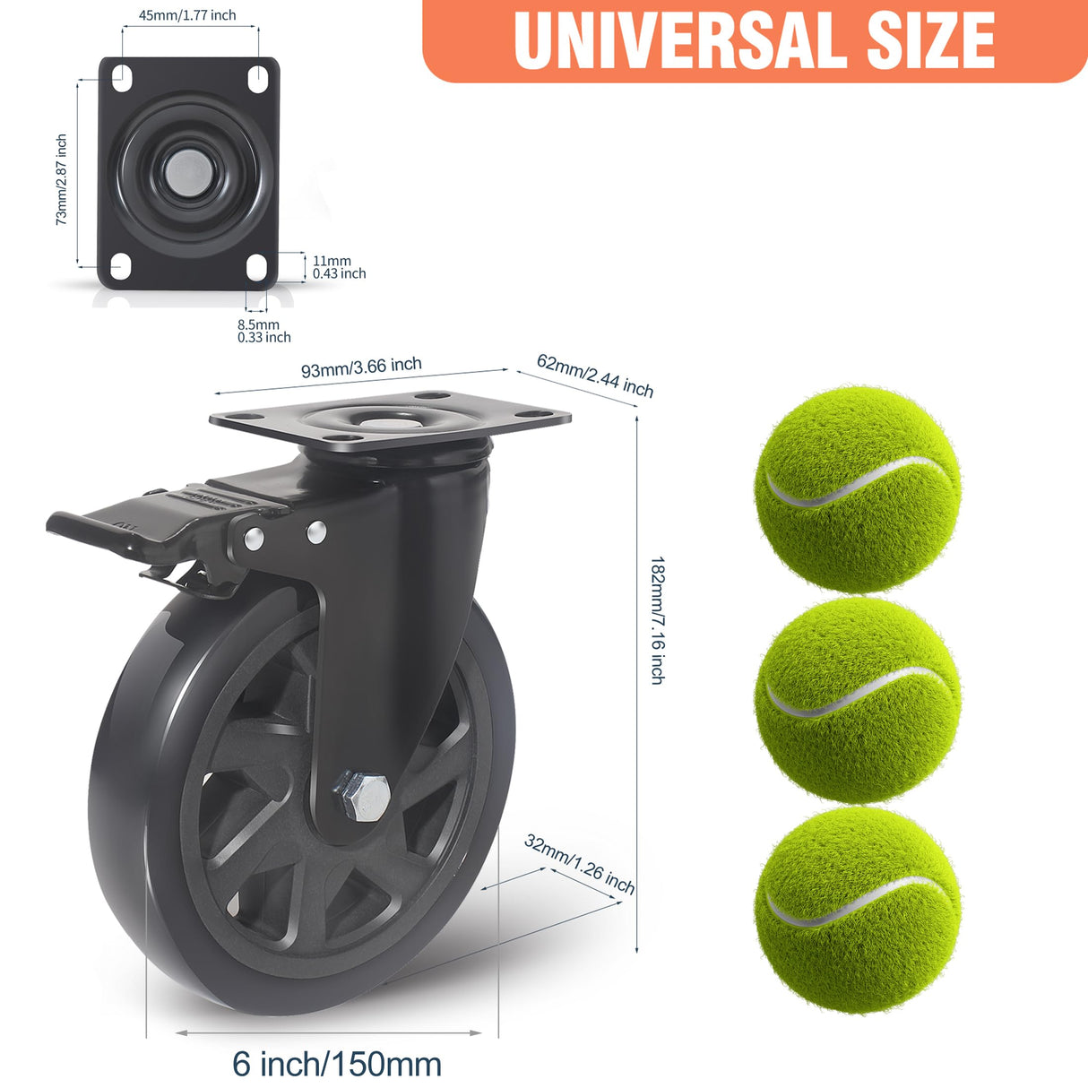 6 Inch Caster Wheels Set of 4 Heavy Duty,3000lbs Swivel Caster Wheels with Brake,PVC Heavy Duty Caster Wheel for Furniture,Cart,Workbench,Kitchen,Cabinets,Planters(Hardware Included) YAEMIKY
