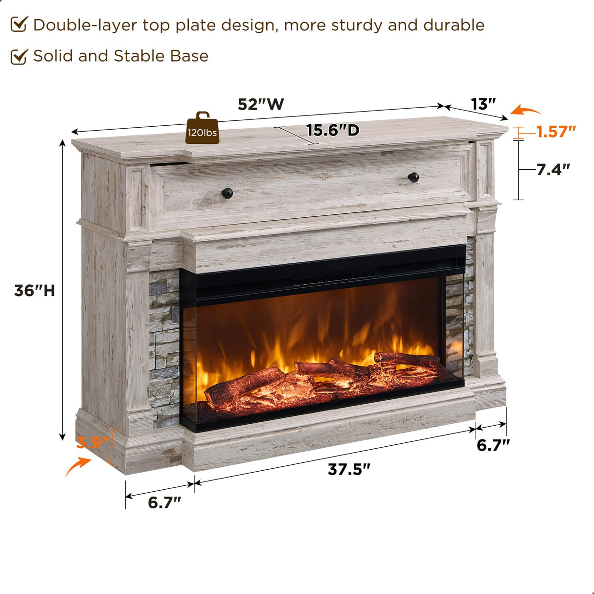 RedLemon 3-Sided Glass Fireplace TV Stand for TVs up to 65'', 52'' Electric Fireplace with Mantel, 36'' Tall Highboy Farmhouse Entertainment Center with Storage for Living Room, Antique Brush White RedLemon