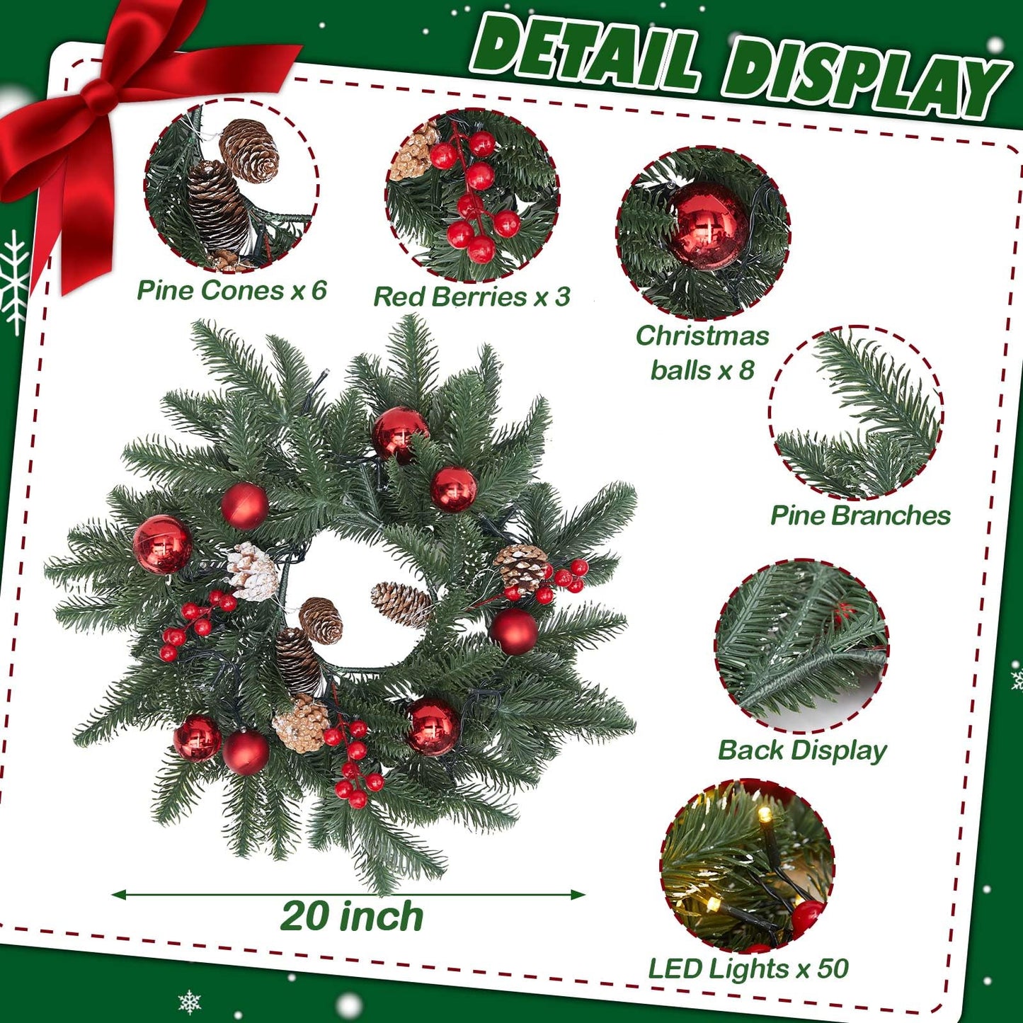 20 Inch Christmas Wreath with 50 Lights Timer (Battery Not Included) Small Christmas Wreaths for Front Door with Pine Cones Berries Red Balls Christmas Door Wreath Indoor Outdoor Wall Decoration