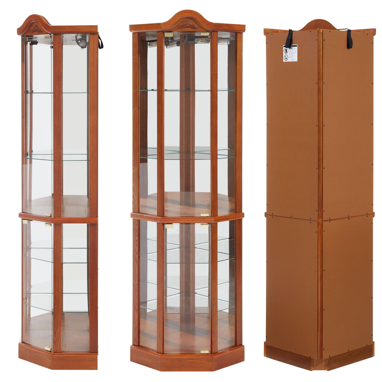 Lighted Corner Display Curio Cabinet Wooden Shelving Unit with Tempered Glass Door, Bar and Liquor Storage Area with 5 Shelves, Wine Cabinet with Curved Top Carving, Oak CQSXDA