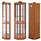 Lighted Corner Display Curio Cabinet Wooden Shelving Unit with Tempered Glass Door, Bar and Liquor Storage Area with 5 Shelves, Wine Cabinet with Curved Top Carving, Oak CQSXDA