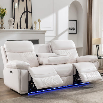 Power Reclining Sofa Couch with Wireless Charger, 3 Seaters with Recliner, Faux Leather Electric 3 Seat Sofa Sectional Set with LED light for living room,Home Theater Seating With Drop-Off Table,White