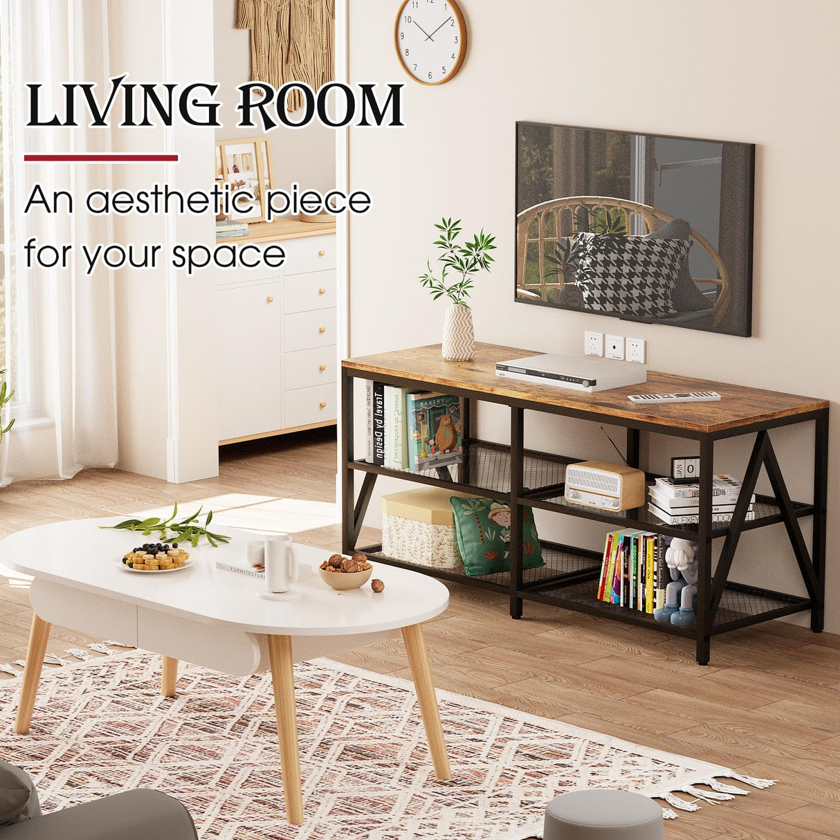 Katrawu TV Stand for TV up to 55 Inch, Long 43" TV Cabinet with 3-Tier Storage Shelves,Entertainment Center TV Console Table for Living Room with Industrial TV Metal Frame, Rustic Brown Katrawu