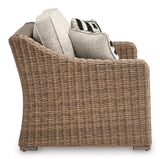 Signature Design by Ashley Beachcroft Casual Weather Resistant Resin Wicker Outdoor Loveseat with Cushion and 2 Accent Pillows, Dark Brown & Beige Signature Design by Ashley