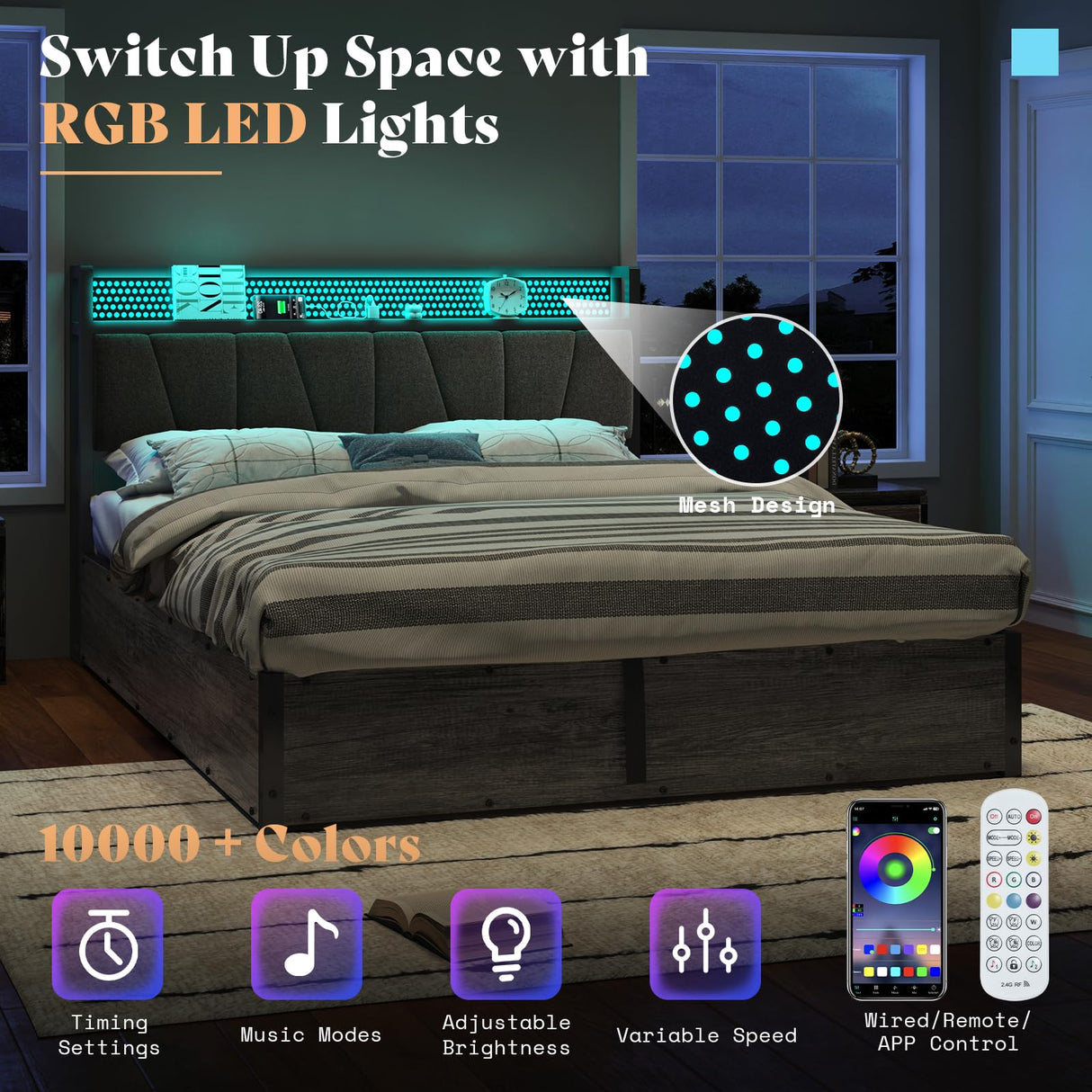 AMERLIFE Full Size Lift Up Bed Frame with Linen Upholstered & LED Light & Storage Headboard, Platform Bed Frame with Charging Station, No Box Spring Needed, Noisy Free, Rustic Grey AMERLIFE