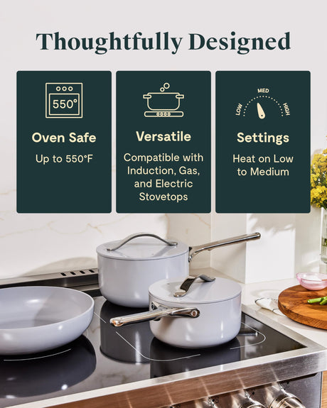 Caraway Nonstick Ceramic Cookware Set (12 Piece) Pots, Pans, 3 Lids and Kitchen Storage - Non Toxic - Oven Safe & Compatible with All Stovetops - Cream Caraway